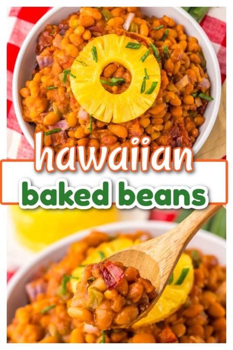 baked beans, cookout side dish, summer side dish, sweet baked beans Baked Beans Pineapple Bacon, Hawaiian Baked Beans, Baked Beans With Hamburger, Pineapple Baked, Maple Baked Beans, Bacon Bbq Sauce, Unique Side Dishes, Pork And Beans, Bbq Baked Beans