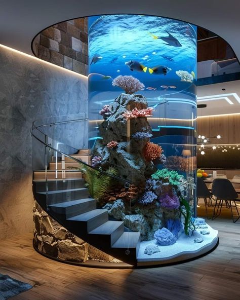 House With Aquarium, In House Aquarium, Aquarium Staircase, Aquriam Ideas Home, Aquarium Room Ideas, Aquarium In House, Aquarium Design Fish Tanks, Luxury Aquarium, Home Aquarium Ideas