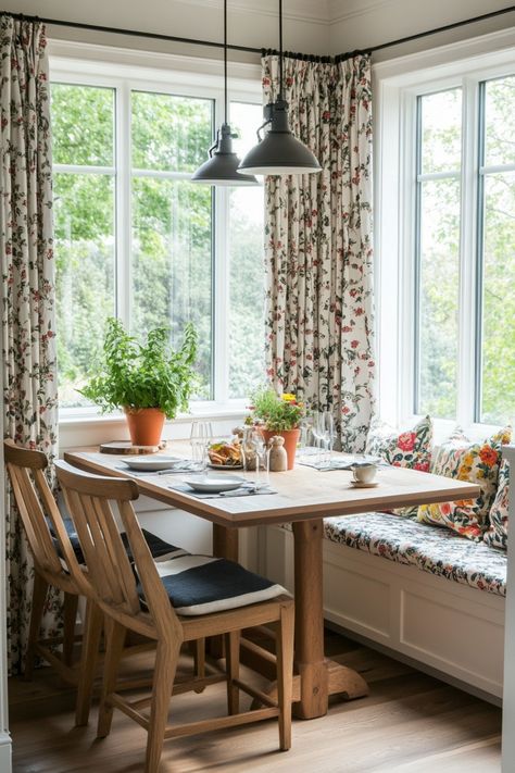 Cozy breakfast nook with floral cushions, wooden table and chairs, potted plants, and large windows with garden view. Small Kitchen Table By Window, Wallpaper For Breakfast Nook, Boho Breakfast Nook Corner, Wallpaper Breakfast Nook, Sunroom Breakfast Nook, Breakfast Nook Corner, Breakfast Nook Bay Window, Kitchen With Table, Small Dining Room Design