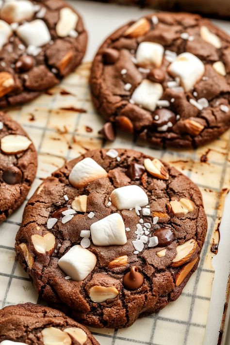 Easy Rocky Road Cookies - Krystel's Cooking Carols Cookies Recipe, Brownie Cookies Christmas, Bourbon Chocolate Chip Cookies, Cute Christmas Recipes, Cookie Roll, Loaded Cookies, Cookies Gooey, Cookie Recipes Christmas, Satisfying Pics