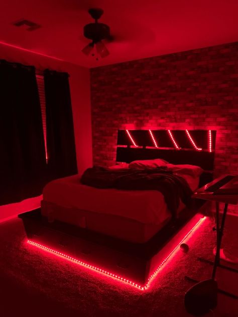 Bedroom Neon Lights Room Ideas, Black Room Red Lights, Red Rooms Ideas, Bedroom With Red Led Lights, Red Led Room Aesthetic, Red Led Lights Bedroom, Red Led Bedroom, Hot Bedroom Ideas, Red Led Room