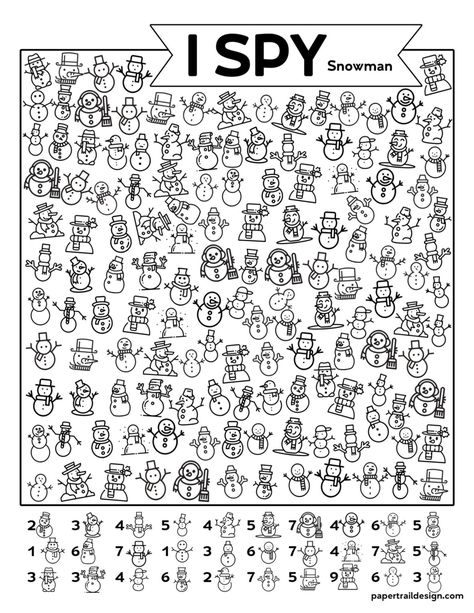 Free Printable I Spy Snowman Activity - Paper Trail Design Snowman Activity For Kids, Activities For January For Kids, Winter Mazes For Kids Free Printable, Ispy Worksheet For Kids, Winter Themed Activities For Kids, Winter School Activities, Winter Colouring Pages For Kids, Winter Word Search For Kids, Winter Activity Pages