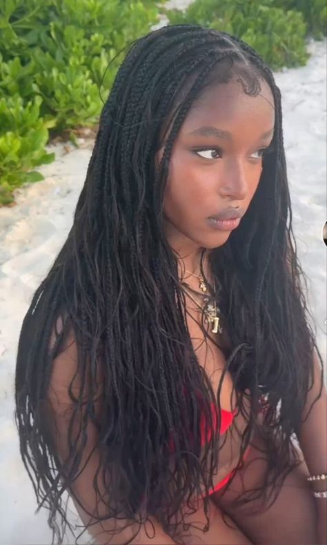 Pretty Black Braided Hairstyles, Box Braids With Straight Hair, Gothic Box Braids, French Curl Braids With Beads, Box Braids With Charms, Wavy Goddess Braids, Braid Styles For Vacation, French Curl Bohemian Braids, Quenlin Blackwell Braids