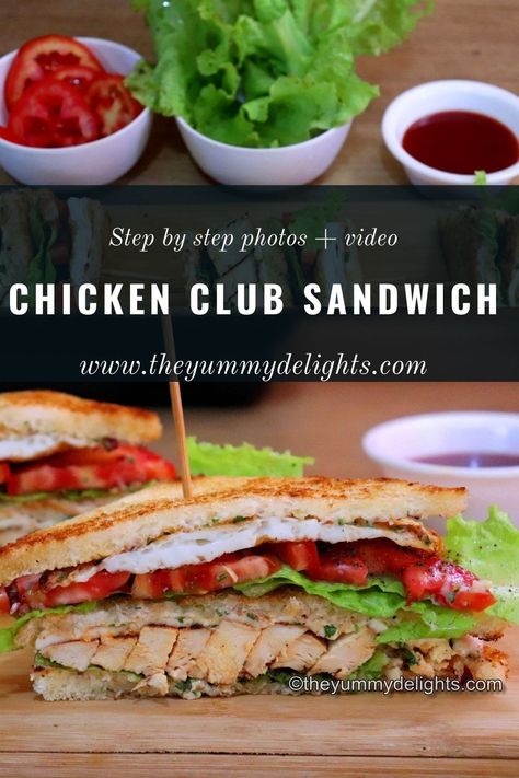 close-up of different layers of Chicken Club Sandwich. On the side there are sliced tomatoes, lettuce leaves and tomato sauce. Chicken Club Sandwich Recipes, Easy Chicken Sandwich, Club Sandwich Recipe, Chicken Club Sandwich, Sandwich Recipe Videos, Club Sandwich Chicken, Chicken Subs, Club Sandwich Recipes, Chicken Bread