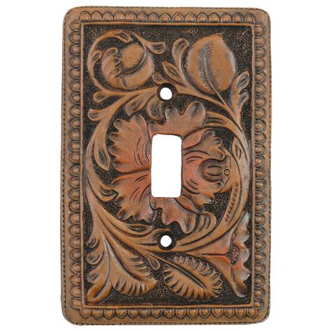 Tooled Leather Single Switch Plate Cover Rustic Light Switch Covers, Rustic Switch Plates, Switchplate Covers, Black Forest Decor, Tooling Patterns, Cowboy Decorations, Trailer Living, Leather Crafting, Leather Wall