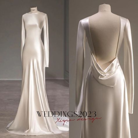 Silk Gown Wedding Dress, Open Back Dress Long Sleeve, Long Sleeve Backless Wedding Dress Simple, Ethereal Long Sleeve Wedding Dress, Wedding Dresses Lace Sleeves Open Back, Unique Wedding Dresses Long Sleeve, Long Sleeve Ethereal Wedding Dress, Silver White Wedding Dress, Elopement Looks Brides