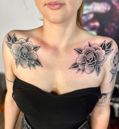 Fem Traditional Tattoo, Collarbone Cover Up Tattoos For Women, Symmetrical Shoulder Tattoos For Women, Symmetrical Chest Tattoo Female, Collar Tattoos For Women, Ornamental Chest Tattoo Female, Traditional Chest Tattoo Female, Chest Tattoo Traditional, Shoulder Tattoo Traditional