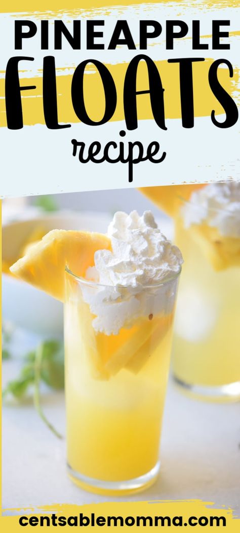 Create this fun pineapple non alcoholic drink recipe for family night this summer. It's a delicious ice cream float dessert recipe that's a mix between sweet and sour. Alcoholic Drink Recipe, Alcoholic Ice Cream, Ice Cream Float Recipes, Pineapple Float, Recipe For Family, Floats Drinks, Ice Cream Float, Pineapple Ice Cream, Soda Floats