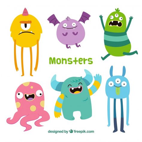 Funny monsters collection in hand drawn style Free Vector Cute Monster Illustration, Cute Monsters Drawings, Comic Book Template, Halloween Creatures, Zestaw Ikon, Monster Drawing, Funny Monsters, Monster Illustration, Monster Characters