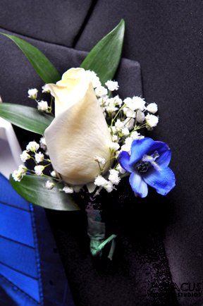 Bethwood March 26 2011 Wedding Flowers Photos on WeddingWire Light Blue Delphinium, Boutineer Ideas, Blue Corsage, Atlanta Buckhead, White Rose Boutonniere, Blue Boutonniere, White Boutonniere, Prom Corsage, Blue Delphinium