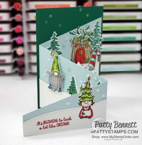 Make a Tri-fold card with 12x12 cardstock and Gnome for the Holidays stamp set from Stampin\' Up!. Video tutorial by Patty Bennett Patty Bennett, Fancy Fold Card Tutorials, Tri Fold Cards, Holiday Stamping, Christmas Card Template, Stampin Up Christmas, Fancy Fold Cards, Card Patterns, Fun Fold Cards