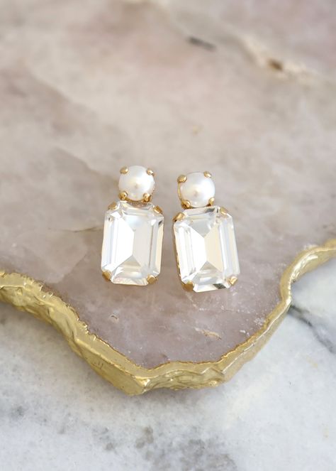 Bridal Earrings Pearl Crystal Stud Earrings Emerald Cut | Etsy Emerald Cut Earrings, Emerald Cut Stud Earrings, Bridesmaids Earrings, Earrings Emerald, Cut Earrings, Bridal Earrings Pearl, Spiral Earrings, Pearl Crystal, Earrings Pearl