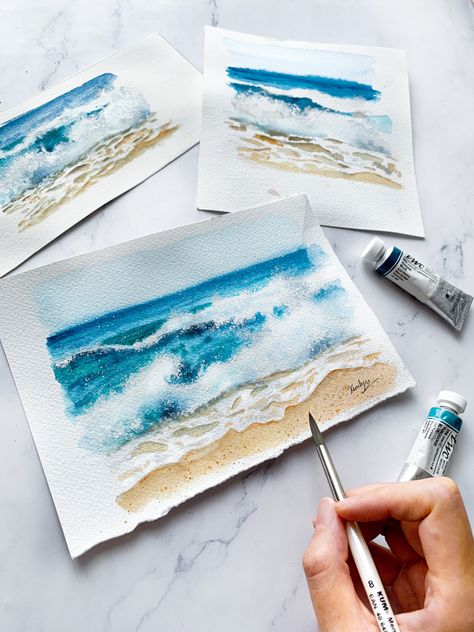 Watercolor Beach Cards, Watercolor Beach Tutorial Step By Step, Sea Scapes Paintings Watercolor, Watercolour Beach Tutorial, Ocean Waves Watercolor, How To Paint Waves Watercolor, Watercolor Inspirations Beginner, Watercolour Beach Painting, Watercolor Waves Tutorial