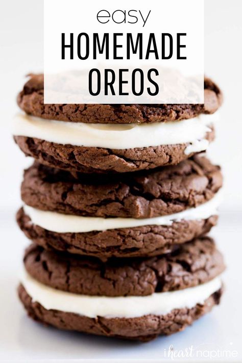 These Oreo cookies are make with a cake mix, making them super easy. You only need 3 simple ingredients! #oreos #oreo #oreocookies #homemade #homemadeoreos #cookies #cookierecipes #homemadecookies #cakemix #cakemixcookies #creamcheesefrosting #recipes #iheartnaptime Oreo Cakesters, Homemade Oreo Cookies, Homemade Cake Mixes, Soft Chocolate Cookie, Easy Homemade Cookies, Homemade Oreos, Oreo Cookie Recipes, Chocolate Cake Mix Cookies, Devils Food Cake Mix Recipe