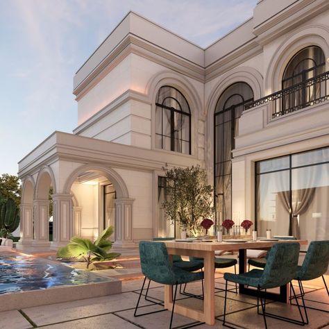 Paris Villa House, Beautiful Traditional Homes, Villa Paint Exterior, Dubai Houses Villas, Modern Villa Exterior Design Dubai, Dubai Houses Exterior, Dubai Villa Design, Dubai Homes Villas, Neoclassical Modern Villa