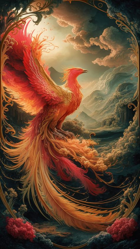 Immerse yourself in the breathtaking beauty of a majestic phoenix rising from the ashes. This vibrant wallpaper features striking red, orange, and gold hues, set against a mystical landscape inspired by Romanticism and Art Nouveau. Experience the dramatic contrasts of Baroque art and the fluid elegance of Impressionism in this transformative scene. Perfect for nature and mythology lovers. #Phoenix #Wallpaper #Art Phoenix Rebirth Art, Phoenix Rise From The Ashes, Phoniex Bird Aesthetic, Phoenix Core Aesthetic, Phoenix Color Palette, Black Phoenix Art, Pheonix Aestethic Wallpaper, Phoenix Realistic, Phoenix Fantasy Art