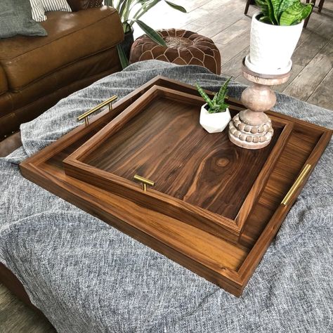 Solid BLACK WALNUT Ottoman Tray Hardwood Ottoman Tray | Etsy Ottoman With Tray On Top, Square Coffee Table Tray, Ottoman Tray Decor Ideas, Square Ottoman Coffee Table, Large Ottoman Tray, Ottoman Coffee Table Tray, Couch Tray, Modern Serving Trays, Oversized Ottoman