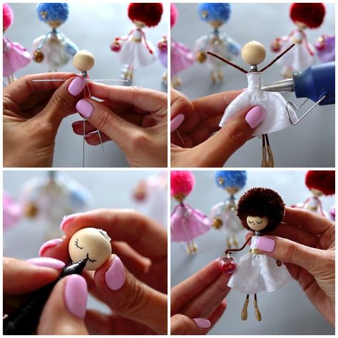 MetDaan DIY - We bring to you the most charming, fashionable dolls you've seen! Bead Dolls Wooden, Wood Bead Doll Diy, Bead Dolls, Wire Dolls Diy How To Make, Metdaan Diy, Christmas Angel Crafts, Easy Christmas Ornaments, Yarn Dolls, Doll Diy Crafts