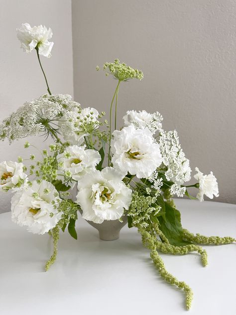 Green And White Whimsical Wedding, White And Green Floral Table Arrangements, Unique White Floral Arrangements, Greenery And White Wedding Flowers, White And Green Centrepiece Wedding, Wedding Table Inspiration Simple, Branches Floral Arrangement, Limelight Hydrangea Centerpiece, All White Arrangements