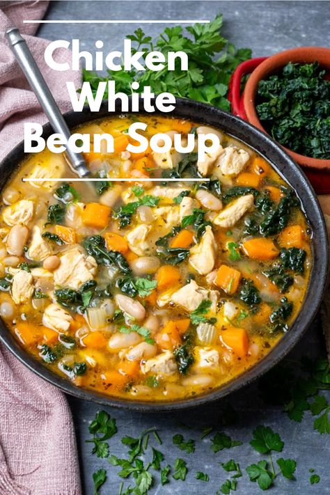 Enjoy this hearty chicken and white bean soup, a comforting recipe that combines nutritious beans with flavorful chicken, perfect for those chilly evenings. Chicken And White Bean Soup Recipes, Chicken White Bean Soup Instant Pot, Eating Well Slow Cooker Chicken And White Bean Stew, Chicken White Bean Spinach Soup, Chicken Kale And White Bean Soup, Healing Chicken Recipes, Vegetarian White Chicken Chili, Bean Cabbage Soup Recipes, White Beans And Sweet Potatoes