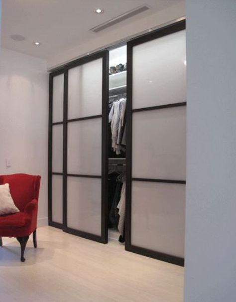 sliding doors with black framing and frosted glass is a stylish and very modern idea to try Glass Closet Doors, Sliding Door Curtains, Bedroom Closet Doors, Closet Door Makeover, Glass Closet, Mirror Closet Doors, Laundry Room Doors, Sliding Door Design, Sliding Wardrobe Doors