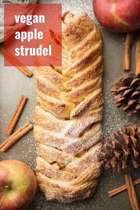 This vegan apple strudel is made with a gooey cinnamon-apple filling nestled inside a flaky puff pastry braid. This dairy-free dessert is surprisingly easy to make and absolutely delicious! Apple Recipes Vegan, Apple Strudel Puff Pastry, Puff Pastry Braid, Pastry Braid, Apple Pastry, Strudel Recipes, Vegan Pastries, Apple Puff Pastry, Puff Pastry Desserts