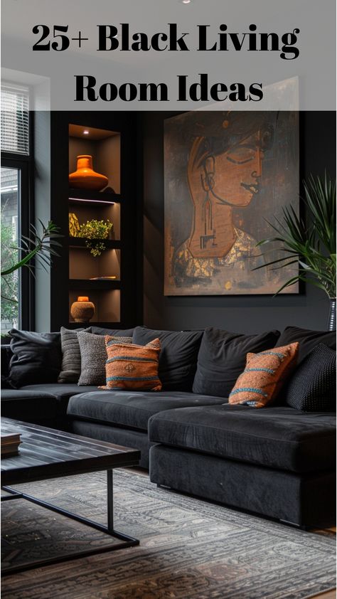 A unique living room with black walls, bold artwork, and a mix of contemporary and traditional decor. The space is inviting with its rich textures and vibrant accents. Black Living Room Ideas, Black Sofa Living Room Decor, Black Sofa Living Room, Black Living, Black And White Living Room, Black Living Room, Sleek Furniture, Black Sofa, White Living Room