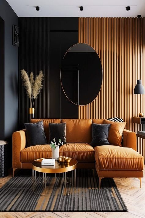 Modern living room with a brown sofa, wooden paneling, and chic black accents, embodying sophistication. Black Brown Living Room Ideas, Black Brown Living Room, Living Room Ideas Contemporary, Room Ideas Contemporary, Brown Living Room Ideas, Brown Accent Wall, Black Living Room Decor, Modern Home Office Furniture, Classy Living Room