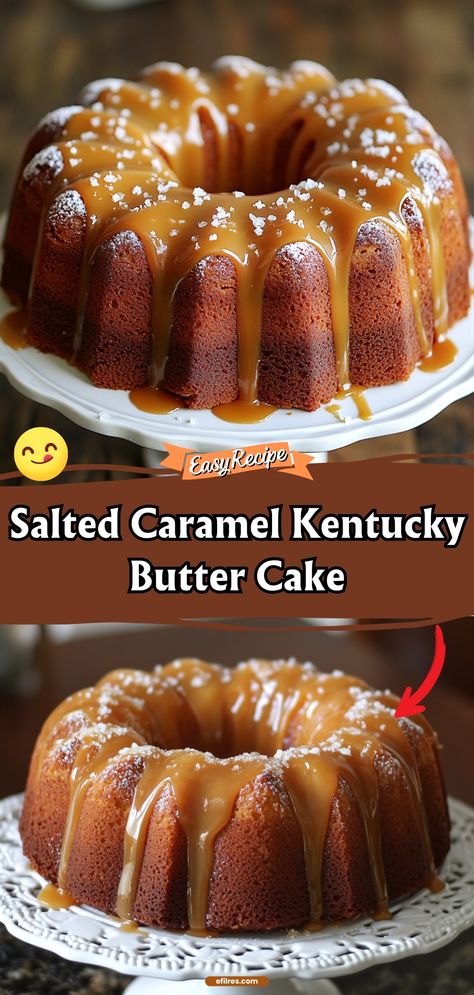 Our Salted Caramel Kentucky Butter Cake is a buttery, rich delight topped with a homemade salted caramel glaze that drips into the cake, creating irresistible, moist bites. It’s a decadent dessert that balances sweetness with a hint of salt. #ButterCake #SaltedCaramel #DessertLove Butter Caramel Recipe, Caramel Kentucky Butter Cake, Salted Caramel Kentucky Butter Cake, Salted Caramel Glaze, Salted Caramel Desserts, Caramel Pound Cake, Caramel Butter, Showstopper Dessert, Caramel Cake Recipe