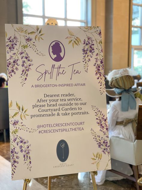 Bridgerton Tea at Hotel Crescent Court - The Rose Table Bridgertons Decor, Bridgerton Tea Party Decor Ideas, Brigerton Bachelorette, 30th Tea Party, Bridgerton Welcome Sign, Brigerton Party Decoration, Bridgerton Girls Night, Bridgestone Party Ideas, Bridgerton High Tea Party