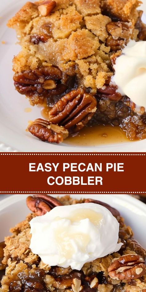 Easy Pecan Pie Cobbler Recipe: This delicious dessert combines the rich, nutty flavors of pecan pie with the simplicity of a cobbler. Perfect for holidays, potlucks, or family dinners, it's made with buttery pecans, brown sugar, and toffee bits, creating a mouthwatering treat everyone will love. Serve warm with vanilla ice cream, whipped cream, or caramel sauce for a delightful finish. Easy Pecan Pie Cobbler, Recipes With Pecans Dessert, Snickerdoodle Cobbler Recipe, Pecan Pie Cobbler Easy, Pie Ideas Desserts, Pecan Desserts Easy, Pecan Pie Desserts, Pecan Pie Cobbler Recipe, Pecan Cobbler Recipe