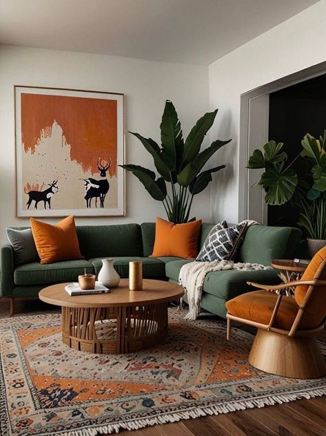 Rust Orange Interior Design, Home Decor Green Couch, Orange And Green Mid Century, Mid Century Green Couch, Cognac And Green Living Room, Modern Southwest Office, Cosy Earthy Living Room, Cozy Minimalist Living Room Small Spaces, Decor Aesthetic Types