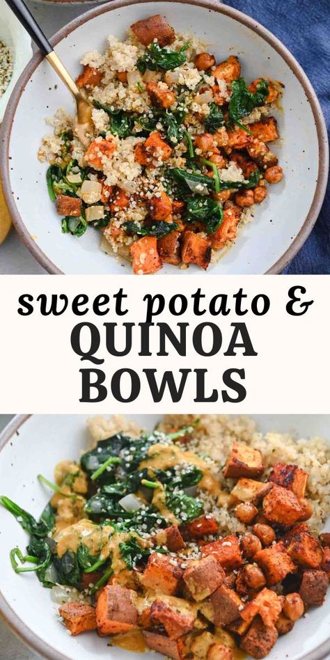 Chickpea, sweet potato and quinoa bowls are perfect for meal prep and make ahead lunches. They feature seasoned roasted sweet potatoes, two sources of plant-based protein, and a zesty lemon-almond sauce. This recipe is vegan & gluten-free. Sweet Potato And Quinoa, Chickpea Sweet Potato, Sweet Potato Quinoa, Quinoa Recipes Healthy, Sweet Potato Bowls, Quinoa Bowls, Quinoa Sweet Potato, Healthy Bowls Recipes, Healthy Plant Based Recipes