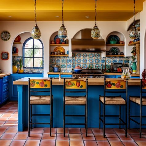 20 Colorful Mexican Inspired Design and Decor Ideas - Rhythm of the Home Mexican Kitchen Modern, Mexican Style Homes Interior Design, Mexican Homes Interior Design, Mexican Colors Walls, Contemporary Mexican Interior Design, Mexican Decor Kitchen, Hacienda Style Homes Mexican Kitchen, Mexican Kitchen Decor Modern, Mexican House Aesthetic