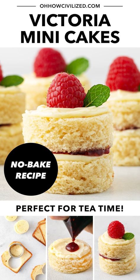 This easy, no-bake recipe is inspired by classic Victoria Sponge Cakes. These adorable 6-ingredient mini cakes are quick to assemble and perfect for afternoon tea. #afternoontea #teacakes #victoriaspongecake High Tea Food Recipes, Girls Afternoon Tea Party Ideas, Easy Tea Party Food Simple, Tea Party Food Ideas For Adults Simple, Easy High Tea Food, Tea Party Cupcakes Ideas, Tea Party Cake Ideas, Afternoon Tea Menu Ideas, High Tea Recipes