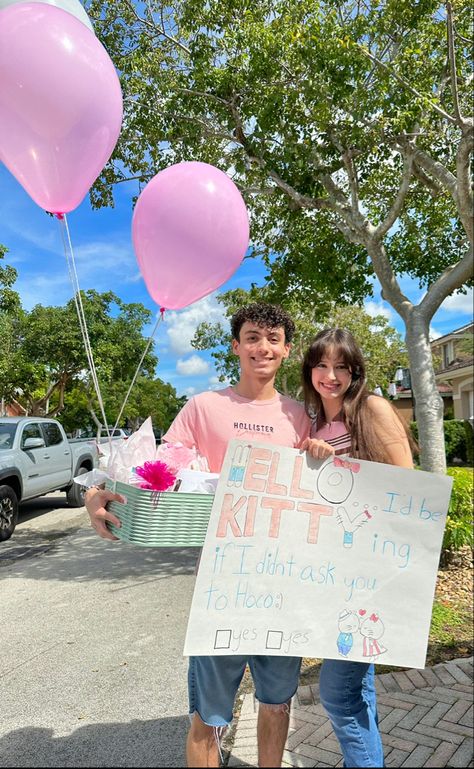 Something In Orange Hoco Poster, Monkey Hoco Proposal, Purple Hoco Proposal, Hello Kitty Prom Proposal, Homecoming Proposal Ideas Hello Kitty, Promposal Poster Ideas For Girlfriend, Cat Promposal Ideas, Promposal Ideas Hello Kitty, Promposal Hello Kitty