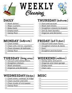 Printable Cleaning Schedule (Spring, Daily, & Weekly Checklists) – DIY Projects, Patterns, Monograms, Designs, Templates Spring Cleaning Schedule Free Printable, Every Day Cleaning Schedule, Printable Weekly Cleaning Schedule Free, 7 Day Cleaning Schedule, Weekly Chore Schedule For Adults, 52 Week Cleaning Schedule, Everyday Chores Daily Cleaning, House Chores List Cleaning Routines Free Printable, Cleaning Schedule For Family Of 4