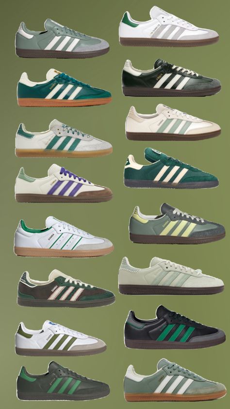 Variety of green adidas sambas with many colors from light to dark greens, great for upgrading summer fashion. Green Sambas, Sambas Outfit, Best Summer Shoes, Samba Outfit, Adidas Sambas, Green Adidas, Green Olive, Adidas Samba, Summer Shoes