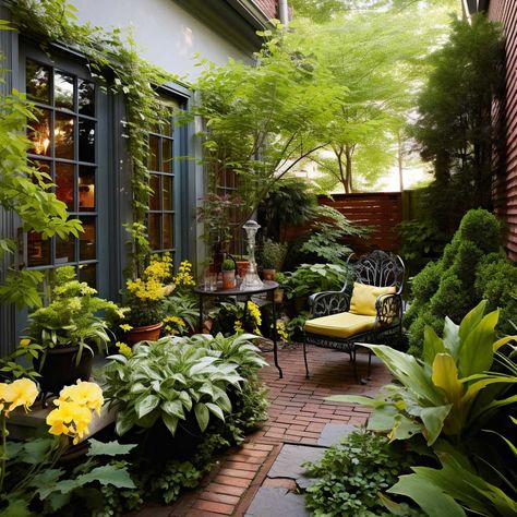 21+ Small Space Big Style Patio Design Solutions • 333+ Images • [ArtFacade] Square Courtyard Garden, Patio In Middle Of Lawn, Small Outdoor Paved Area, Small City Patio, Lush Courtyard Garden, Lush Small Backyard, Townhouse Backyard Ideas, Potted Trees Patio, Urban Patio