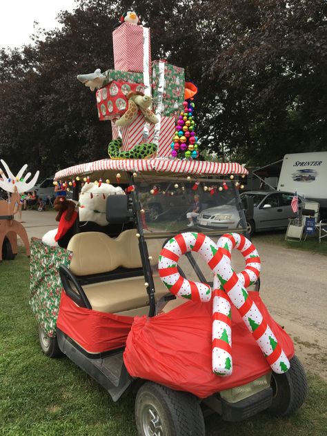 Christmas in July at Strawberry Park Christmas In July Decorations, Golf Cart Decorations, Gold Cart, Christmas Parade Floats, Christmas Golf, Operation Christmas Child, Parade Float, Christmas Parade, Christmas Tree Garland