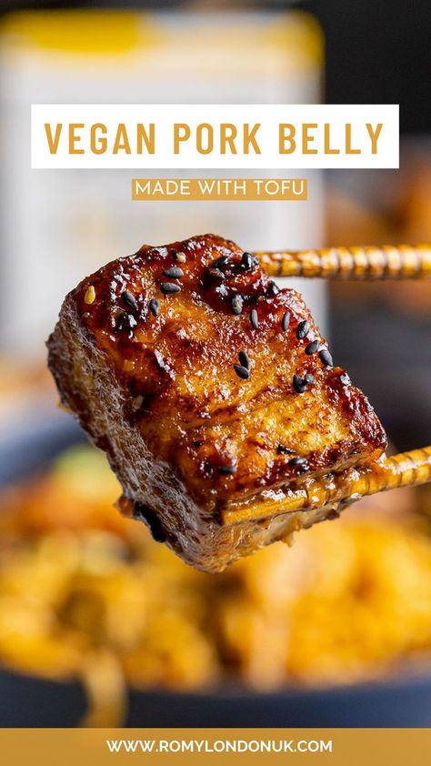 This vegan pork belly-style tofu is packed with flavor and you won’t believe it’s made with tofu! Marinated in a savory blend of soy sauce, hoisin sauce, and Chinese five-spice powder, the marinated tofu is layered with a vegan fat layer, steamed, sliced and pan-fried to crispy perfection and served over rice or noodles for a complete meal. It's surely a fun and unique way to switch up your tofu game! #tofu #porkbelly Vegan Pork Belly, Vegan Pork, Resep Vegan, Pudding Chia, Tofu Recipes Vegan, Pork Belly Recipes, Marinated Tofu, Tofu Dishes, Vegan Comfort Food