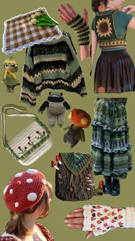 Twee Aesthetic Crochet, Crochet Ideas Cottagecore, Crochet Autumn Clothes, Fairycore Crochet Ideas, Goblin Core Crochet, Cottagecore Plushies, Cottagecore Crochet Ideas, Crochet Fairy Grunge, Fairy Core Crochet