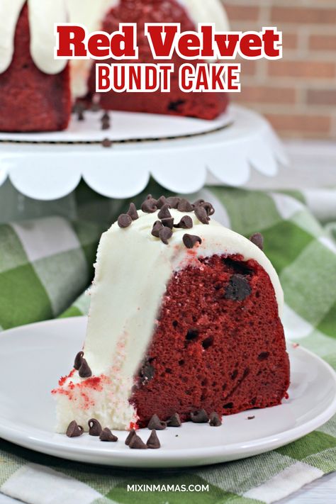 Take a boxed cake mix to the next level with this recipe for Red Velvet Bundt Cake! I love making bundt cakes because they're so easy and always turn out so tasty. They certainly bring the wow factor to any celebration.This red velvet cake is studded with chocolate chips and topped with a rich, creamy cream cheese frosting. Serve as is or with a scoop of ice cream. YUM! Red Velvet Bundt, Velvet Desserts, Mini Bundt Cakes Recipes, Red Velvet Bundt Cake, Red Velvet Desserts, Boxed Cake Mixes Recipes, Red Velvet Recipes, Red Velvet Cake Mix, Boxed Cake