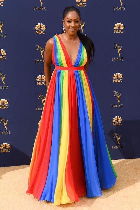 The Special Meaning Behind Tiffany Haddish's Rainbow Dress at the Emmys Rainbow Dresses Women, Rainbow Gown Dress, Rainbow Womens Dress, Shiny Rainbow Dress, Rainbow Dress Women, Pride Dress Rainbow, Whimsical Rainbow Dress For Dress-up, Pride Dress, Dinner Clothes