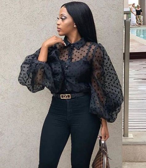 Stylish and Classy Organza Blouse Styles. - Stylish Naija Female Blouses Fashion, Black Organza Top Outfit, Organza Top Styles In Nigeria, Latest Chiffon Top Styles In Nigeria, Organza Tops Designs Latest, Latest Chiffon Top Styles, Chic Blouses Classy, Organza Tops For Women, Organza Peplum Tops