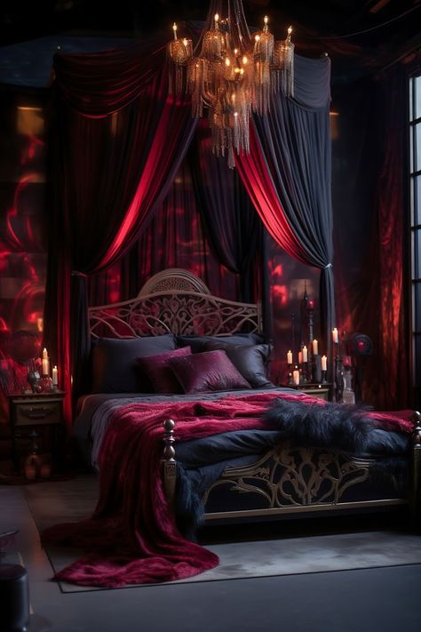 Large Dark Boho Bedroom with a Charcoal & Burgundy Color Scheme, featuring Shadow Art, Velvet Drapes, and Gothic Chandelier, creating a dramatic and intense atmosphere. Goth Bedroom Ideas, Dark Romantic Bedroom, Dark Boho Bedroom, Academia Bedroom, Gothic Decor Bedroom, Goth Bedroom, Gothic Bedroom, Fantasy Bedroom, Boho Bedroom Design