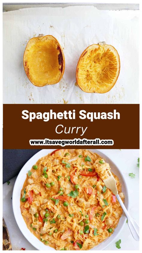 Coconut Curry Spaghetti Squash, Spaghetti Squash Recipes Coconut Milk, Curried Spaghetti Squash, Spaghetti Squash Vegan Recipes, Spaghetti Squash Recipes Vegan, Garden Meals, Vegan Spaghetti Squash, Squash Curry, Vegan Spaghetti