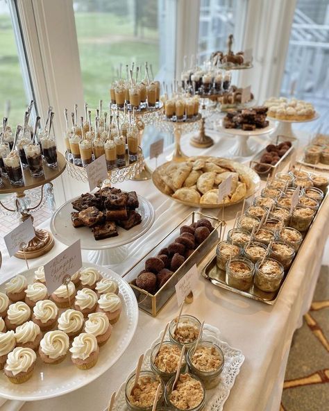 this a good idea Wedding Eating Table Ideas, Wedding Food Ideas Dessert, Cake And Dessert Table Display, Engagement Desert Table, Autumn Wedding Dessert Table, Engagement Party Buffet Table, Simple Elegant Dessert Table, Snack Table Ideas Wedding, Engagement Desert Table Ideas