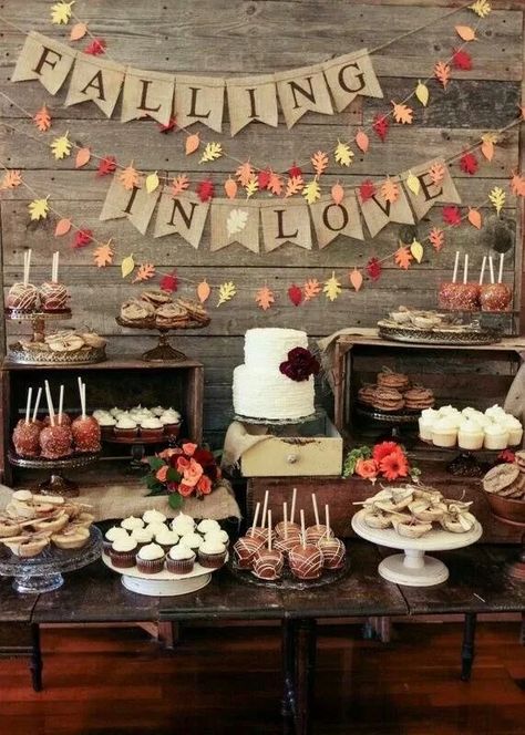 Fall Baby Shower Ideas for 2023 - Popular Fall Baby Shower Themes Rustic Food Display, Fall Desserts Table, Rustic Dessert Table, Autumn Wedding Food, Fall In Love Bridal Shower, Shower Desserts, Wedding Themes Fall, Rustic Fall Wedding, Fall Bridal Shower