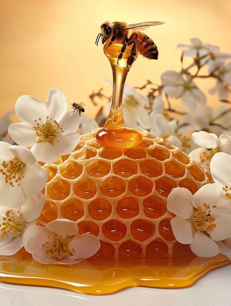 Honey Dripping from Honeycomb with Bee Honeycomb Images, Beehive Aesthetic, Honey Bee On Flower, Honey Logo Design, Bee Honey Design, Bee Pictures Art, Honey Background, Honey Wallpaper, Honeycomb Art